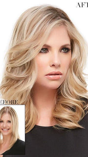 Before & After  | Model is also wearing easiXtend 12" in 12FS8 SHADED PRALINE | Light Gold Blonde and Pale Natural Blonde Blend, Shaded with Dark Brown