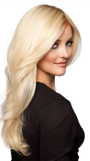 CASCADE by Ellen Wille in LIGHT-CHAMPAGNE-ROOTED | Pearl Platinum and Light Golden Blonde Blend with Medium Brown Roots  (This piece has been styled and curled)
