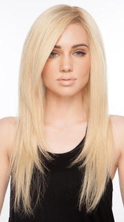 CASCADE by Ellen Wille in LIGHT CHAMPAGNE ROOTED | Pearl Platinum and Light Golden Blonde Blend with Medium Brown Roots  (This piece has been styled and straightened)