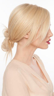 Styled in a low "undone" bun | LIGHT CHAMPAGNE ROOTED | Platinum Blonde, Cool Platinum Blonde, and Light Golden Blonde Blend (Style has been straightened for this loo (This piece has been styled and straightened)