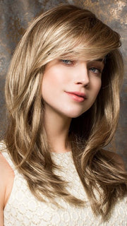 Blended layers throughout are expertly cut and hand finished | Bang has been trimmed and styled for the photo | Color: Dark Sand Rooted