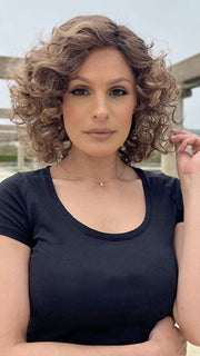 Roxie wearing JAMILA PLUS by ELLEN WILLE in HOT-MOCCA-ROOTED | Warm Medium Brown, Light Auburn, and Dark Auburn Blend