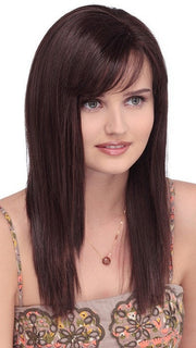 Long and straight synthetic wig with monofilament top.