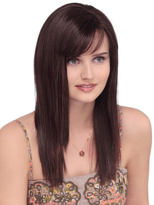 Long and straight synthetic wig with monofilament top.