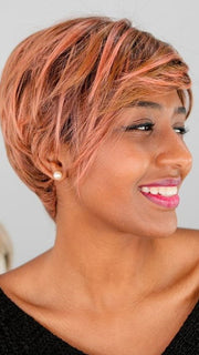 Link by Ellen Wille in color ROSEWOOD ROOTED | Medium Dark Brown Roots that Melt into a Mixture of Saddle Brown and Terra-Cotta Tones with Dark Roots