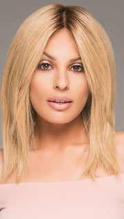 CARA by JON RENAU in 12FS8 | Light Gold Brown, Light Natural Gold Blonde and Pale Natural Gold-Blonde Blend, Shaded with Medium Brown (This piece has been styled and straightened)