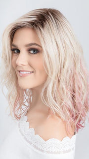 TABU by ELLEN WILLE in ROSE BLONDE | Medium Dark Brown Roots that melt into a Pale Golden Blonde with a Mixture of Pink Tones Underneath