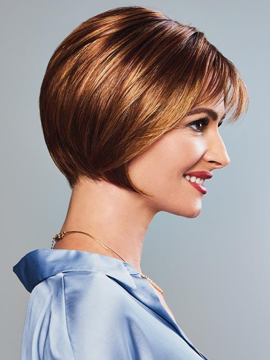 Chin length layers at the sides gracefully frame the face