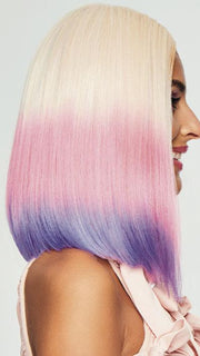 Platinum blonde transitions to dip dyed tulip pink and lilac purple ends that's so fresh and fun