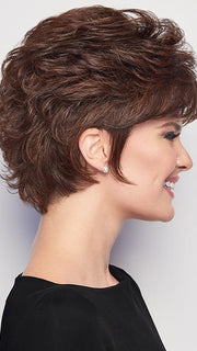 The flattering eyelash bangs can be worn full or piecey, and the layered sides can be brought forward to frame the face or combed back to blend into a softly-waved look