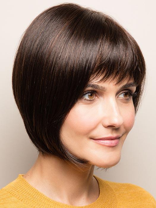 A sleek a-line bob with full fringe and a tapered nape