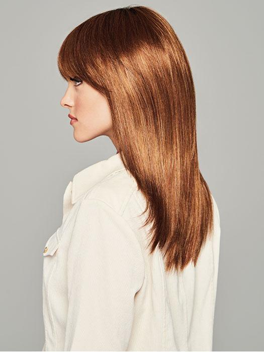 The full fringe can be worn down or swept to one side