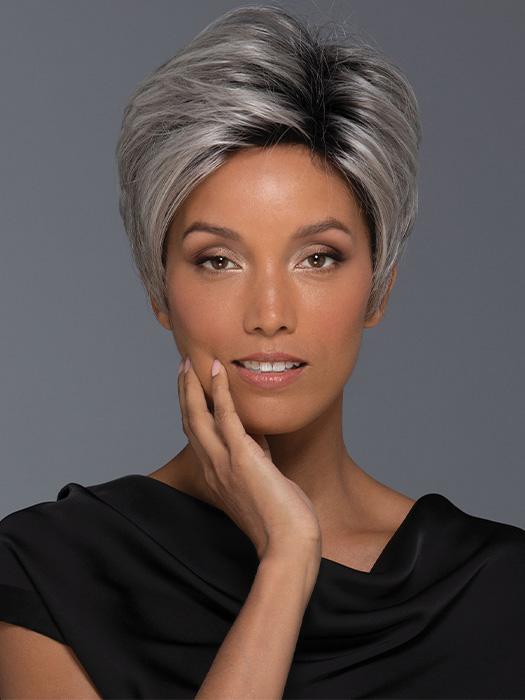 A modern pixie cut wig with a tapered nape