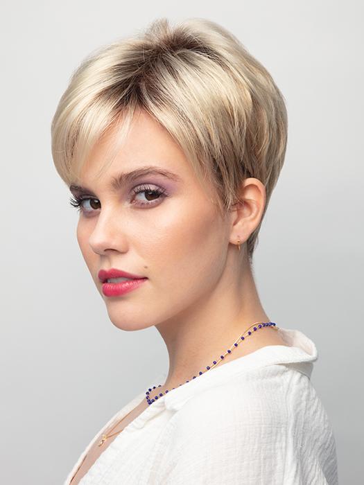 A straight pixie-cut style with side swept bangs and a tapered nape
