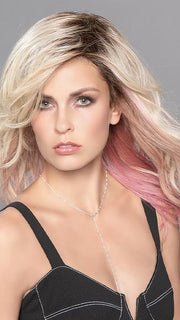 TABU by ELLEN WILLE in ROSE BLONDE ROOTED | Medium Dark Brown Roots that melt into a Pale Golden Blonde with a Mixture of Pink Tones Underneath with Darker Roots