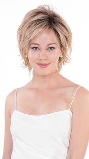 MIMOSA by BELLE TRESS in HONEY-WITH-CHAI-LATTE | Light Golden Brown with Pale Golden Blonde & Medium Golden Blonde Highlights on Top, Medium Brown Roots PPC MAIN IMAGE FB MAIN IMAGE