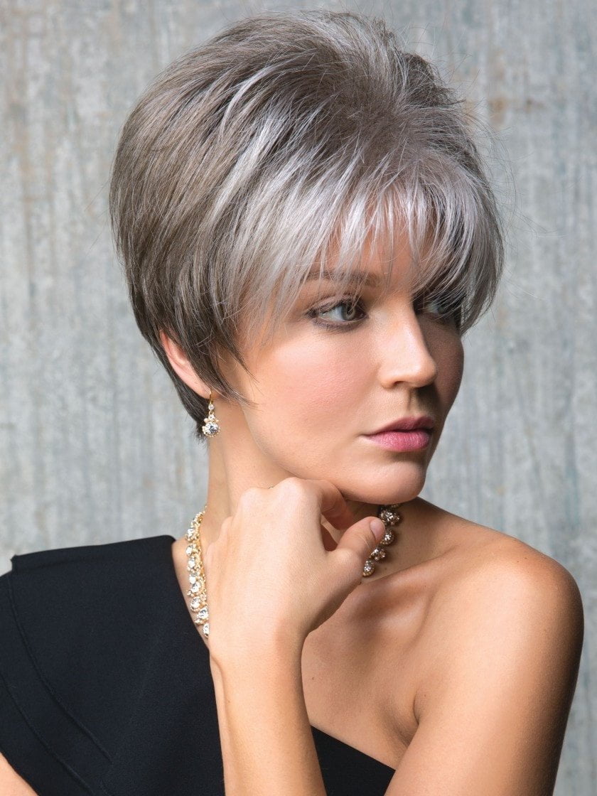 SAMY by Rene of Paris in SANDY SILVER | Silver Medium Brown blend that transitions to more Silver then Medium Brown then to Silver Bangs