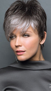 The bangs can be trimmed for a more wispy style | Color: Midnight Pearl- Dark Brown base with Dark Brown and Silver blend with Silver bangs