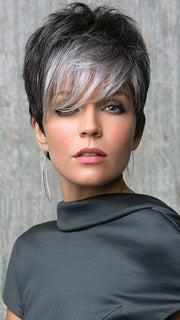 Long fringe with a spiky top for an edgy, fun look | Color: Midnight Pearl- Dark Brown base with Dark Brown and Silver blend with Silver bangs PPC MAIN IMAGE FB MAIN IMAGE