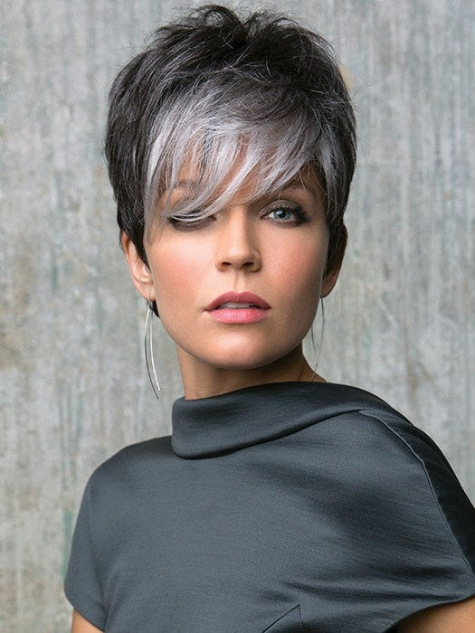 Long fringe with a spiky top for an edgy, fun look | Color: Midnight Pearl- Dark Brown base with Dark Brown and Silver blend with Silver bangs PPC MAIN IMAGE