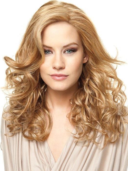 Heat-Friendly synthetic fiber, styled curly in this photo. Shown in RL14/25 HONEY GINGER | Dark Blonde Evenly Blended with Medium Golden Blonde