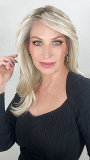 Kim Hammon @letstalkwithkim wearing SPOTLIGHT by RAQUEL WELCH WIGS in color RL19/23SS SHADED BISCUIT | Light Ash Blonde Evenly Blended with Cool Platinum Blonde with Dark Roots