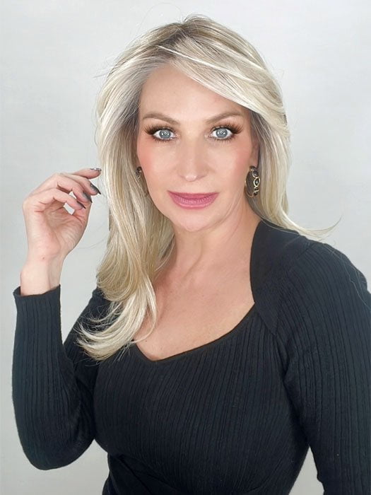 Kim Hammon @letstalkwithkim wearing SPOTLIGHT by RAQUEL WELCH WIGS in color RL19/23SS SHADED BISCUIT | Light Ash Blonde Evenly Blended with Cool Platinum Blonde with Dark Roots