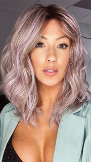 Jenna Fail @jenna_fail wearing TABU by ELLEN WILLE in color LAVENDER ROOTED | Medium Dark Brown Root, Blended into a Light Silver Smoke Tones, Blended with Various Shades of Purple with Dark Roots. PPC MAIN IMAGE
