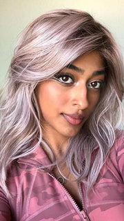 Shyla in TABU by ELLEN WILLE in color LAVENDER ROOTED | Medium Dark Brown Root, Blended into a Light Silver Smoke Tones, Blended with Various Shades of Purple with Dark Roots. 
