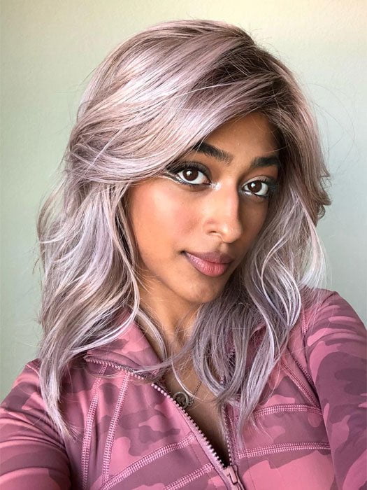 Shyla in TABU by ELLEN WILLE in color LAVENDER ROOTED | Medium Dark Brown Root, Blended into a Light Silver Smoke Tones, Blended with Various Shades of Purple with Dark Roots. 